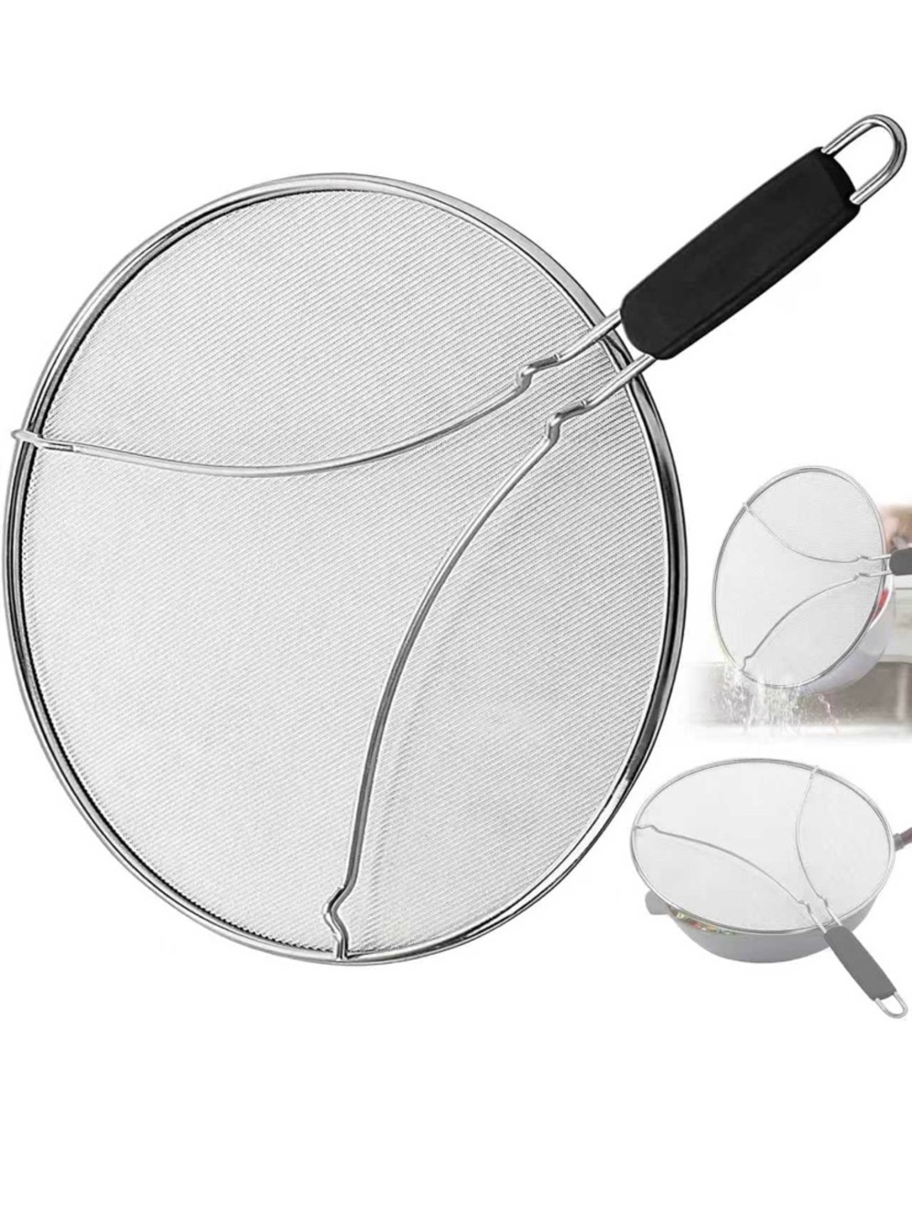 Stainless Steel Splatter Screen with Black Handle - Kitchen Oil Shield